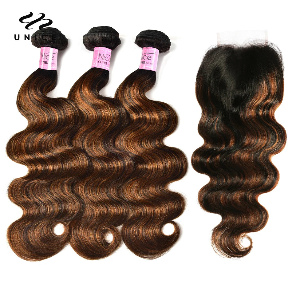 UNICE Hair Balayage Body Wave Human Hair Highlight Bundles 3PCS With 4x4 Lace Closure