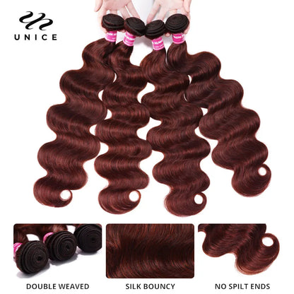 UNice Reddish Brown Body Wave Human Hair Bundles With Closure 100% Human Hair