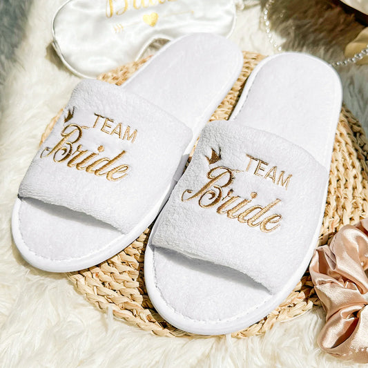 Bride & Bridesmaid, Wedding Party Guests Home Slip On Shoes Bridal Party Slippers Open-toe With Golden, Mint Green and Pink