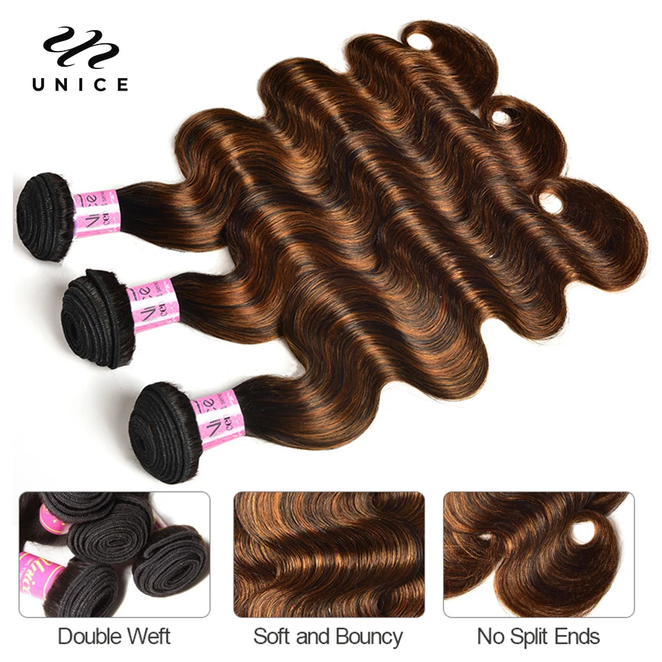 UNICE Hair Balayage Body Wave Human Hair Highlight Bundles 3PCS With 4x4 Lace Closure