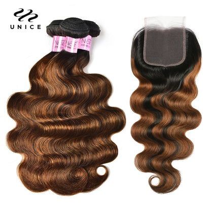 UNICE Hair Balayage Body Wave Human Hair Highlight Bundles 3PCS With 4x4 Lace Closure