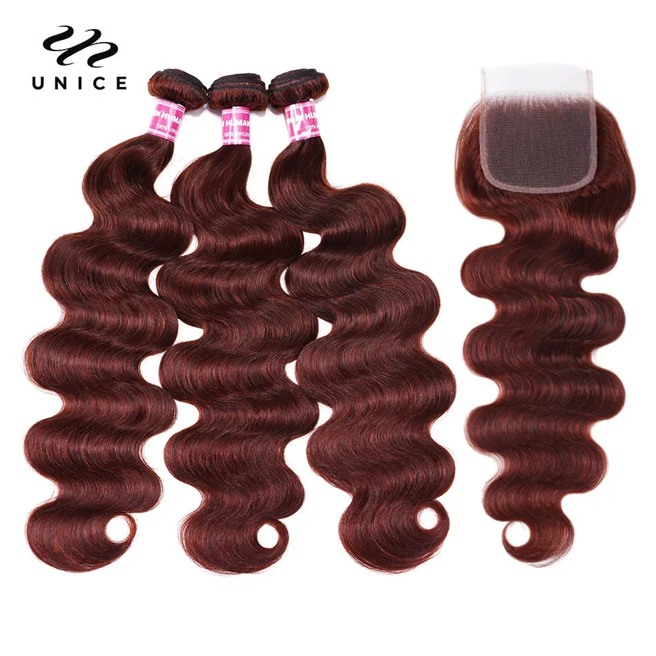 UNice Reddish Brown Body Wave Human Hair Bundles With Closure 100% Human Hair