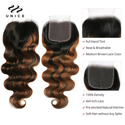 UNICE Hair Balayage Body Wave Human Hair Highlight Bundles 3PCS With 4x4 Lace Closure