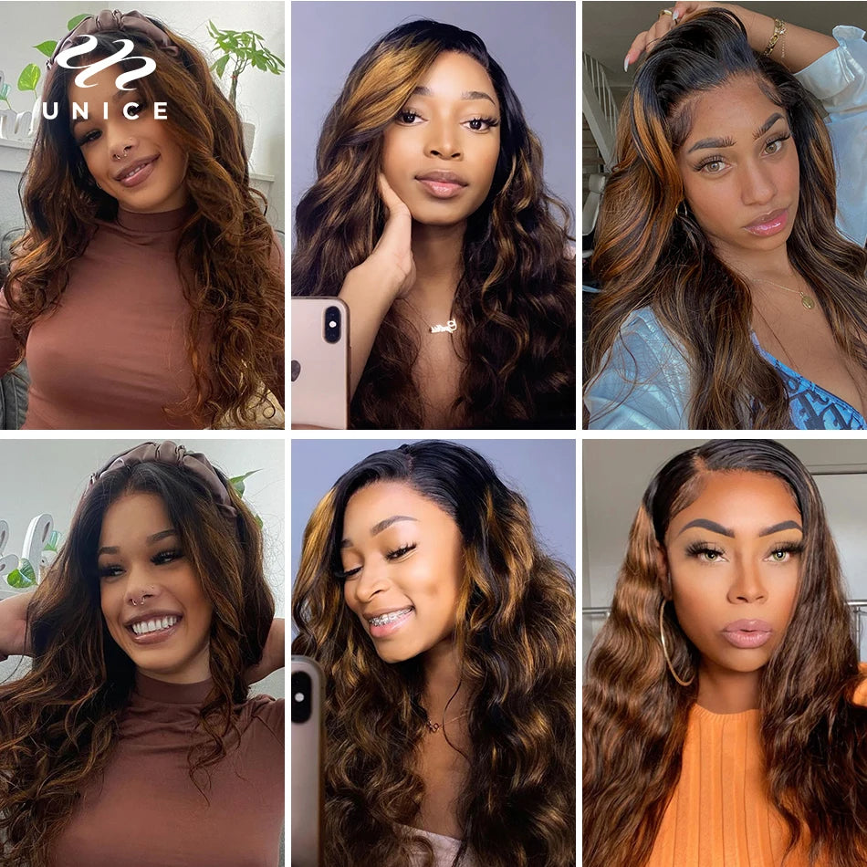 UNICE Hair Balayage Body Wave Human Hair Highlight Bundles 3PCS With 4x4 Lace Closure