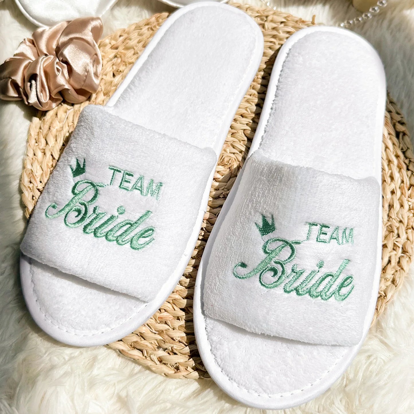 Bride & Bridesmaid, Wedding Party Guests Home Slip On Shoes Bridal Party Slippers Open-toe With Golden, Mint Green and Pink