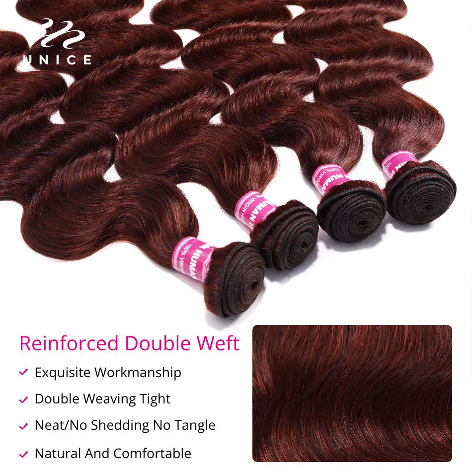 UNice Reddish Brown Body Wave Human Hair Bundles With Closure 100% Human Hair